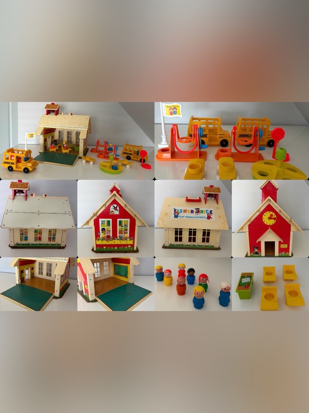 Vintage Fisher-Price Red & Natural Play Family School Toy House with Figures